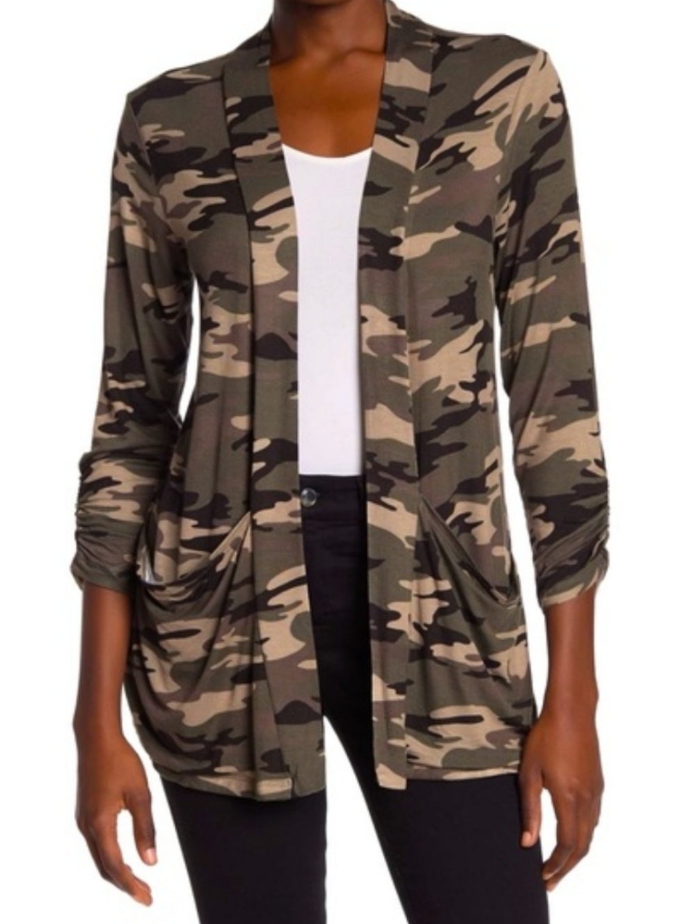 Bobeau Camo Open Front Modal Cardigan